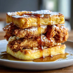 Close up photo of the craggy golden crust of the fried chicken in a French toast sandwich.
