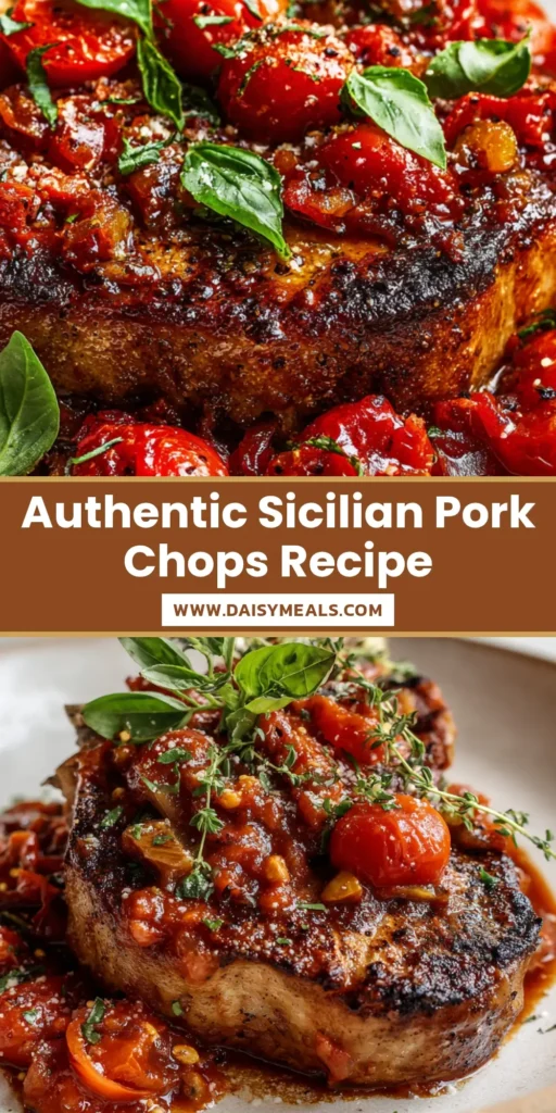 A close up photo of a seared bone-in Sicilian pork chop topped with a chunky tomato sauce and blistered cherry tomatoes on a rustic plate. (Sicilian pork chops)