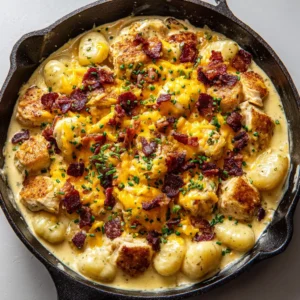 Detailed shot of golden-brown chicken chunks and plump gnocchi in a pale-yellow cream sauce with melted yellow cheddar.