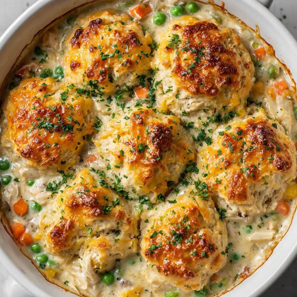 Close-up of bubbling creamy ivory gravy sauce and shredded chicken in a Red Lobster Biscuit Chicken Pot Pie.