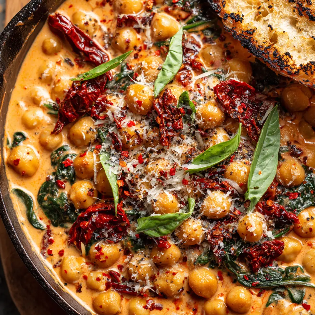 Marry Me Creamy Chickpeas garnished with fresh basil, red pepper flakes, and parmesan cheese in a cast iron pan.