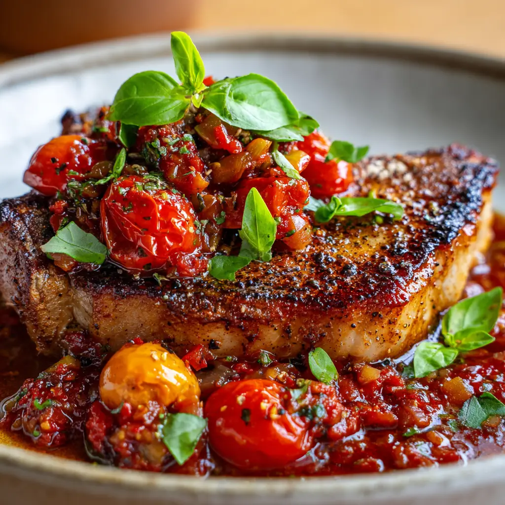 A thick golden-brown seared bone-in pork chop resting in a deep red chunky tomato sauce with whole basil leaves. (Sicilian pork chops)