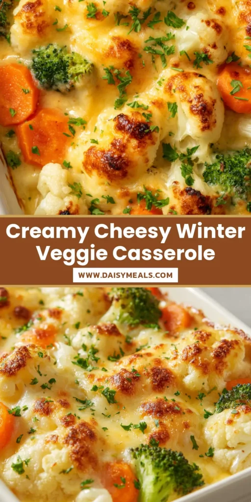 A close-up of a Winter Vegetable Casserole with steamed broccoli, cauliflower, and carrots in a bubbly yellow-orange cheese sauce with charred blistered spots.
