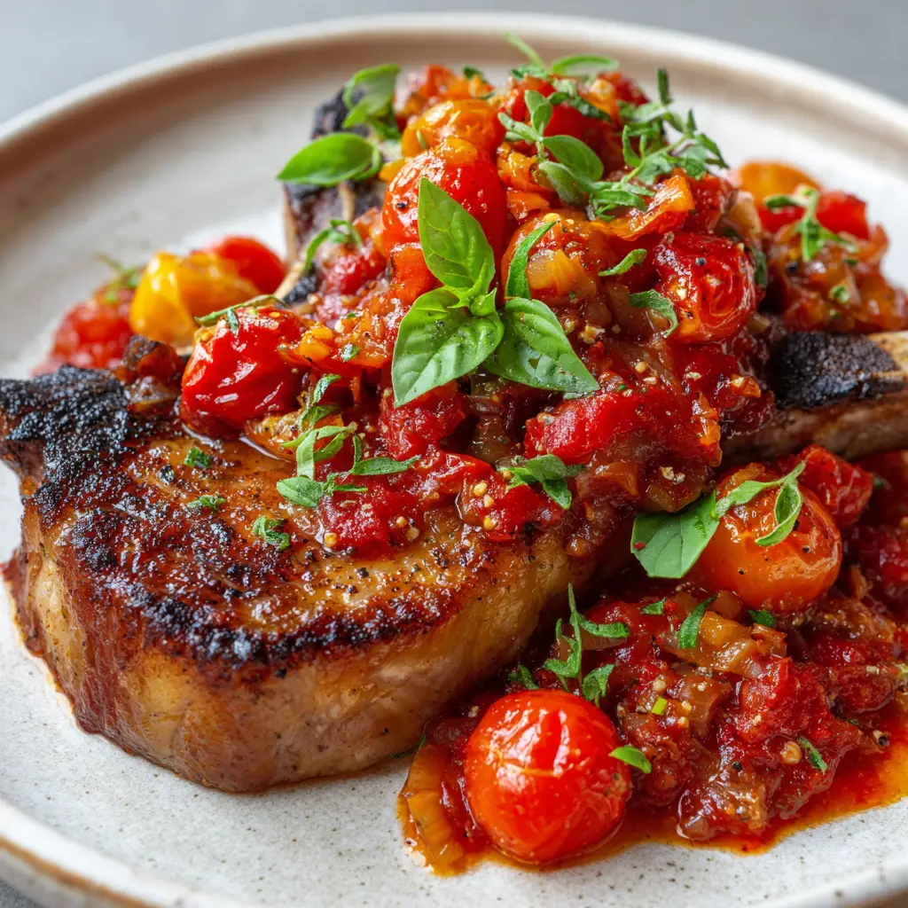Overhead shot of Sicilian pork chops with visible blistered cherry tomato halves and fresh basil garnish.