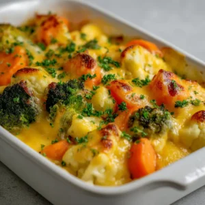 Close-up of a white ceramic dish filled with Winter Vegetable Casserole showing tender broccoli and carrots in a glossy cheese sauce.