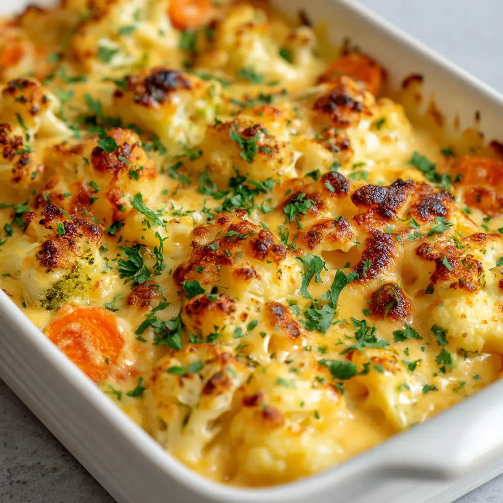 Overhead view of a Winter Vegetable Casserole with a golden browned cheese crust and fresh parsley garnish.