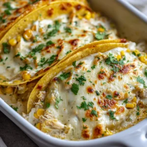 Close-up view of the creamy chicken, corn, and green chili filling inside a golden corn tortilla. (White Chicken Chili Tacos)