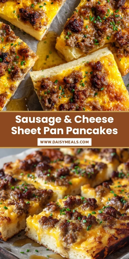 A close-up vertical shot of Sausage Cheese Sheet Pan Pancakes cut into squares, showing gooey yellow cheddar and charred sausage on a fluffy golden base.