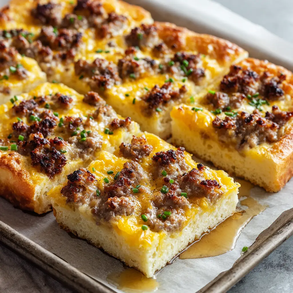 Close-up of thick square slices of Sausage Cheese Sheet Pan Pancakes on a dark metal tray with parchment paper.