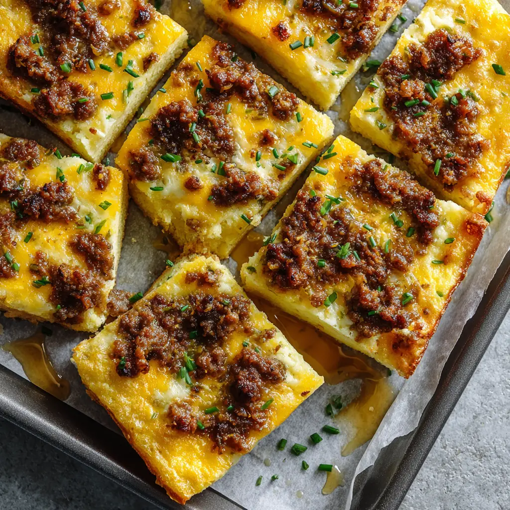 A smartphone-style photo of Sausage Cheese Sheet Pan Pancakes drizzled with maple syrup and topped with chives.