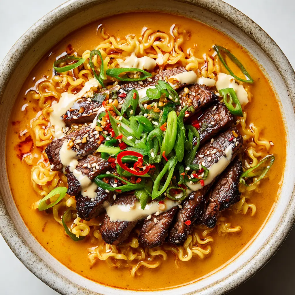 Close-up of springy ramen noodles in a thick orange-red spicy broth with charred beef slices. (Creamy Spicy Korean Ramen)