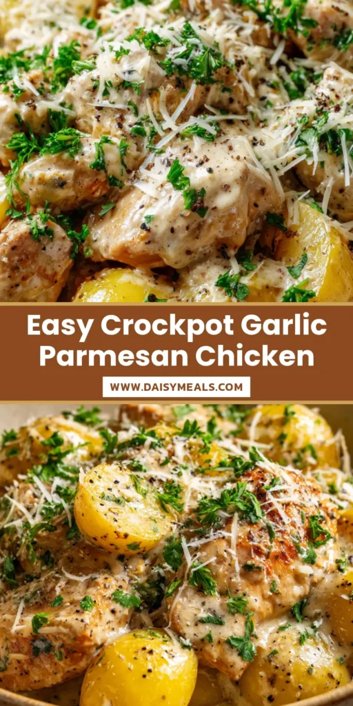 A rustic bowl of Crockpot Garlic Parmesan Chicken and halved yellow potatoes with thick white sauce and parsley garnish.