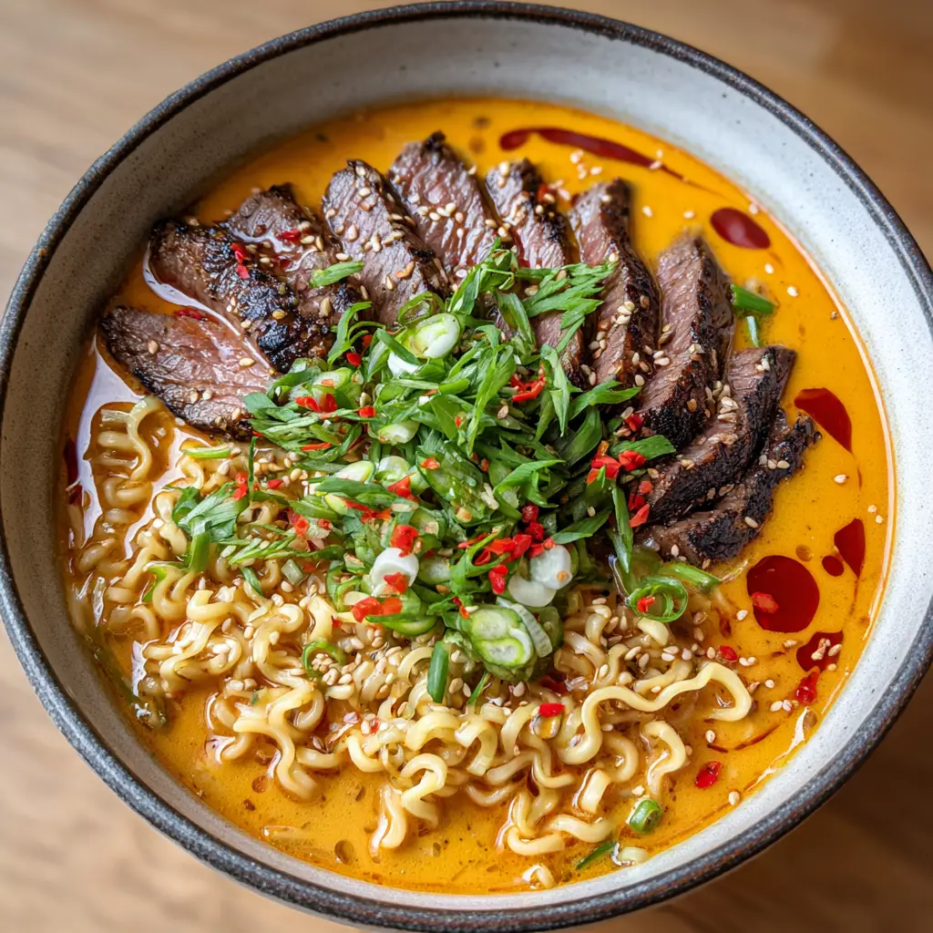 A detailed shot of the seared beef edges and the pale creamy drizzle on the Creamy Spicy Korean Ramen.