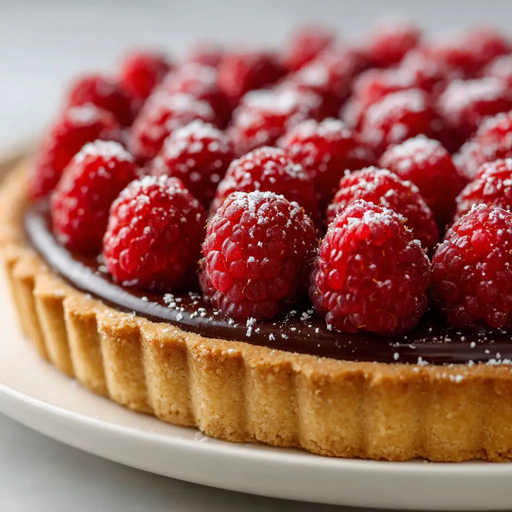 Whole Chocolate Raspberry Tart with a thick, smooth dark glossy chocolate filling and tightly arranged fresh raspberries, captured in soft natural daylight.