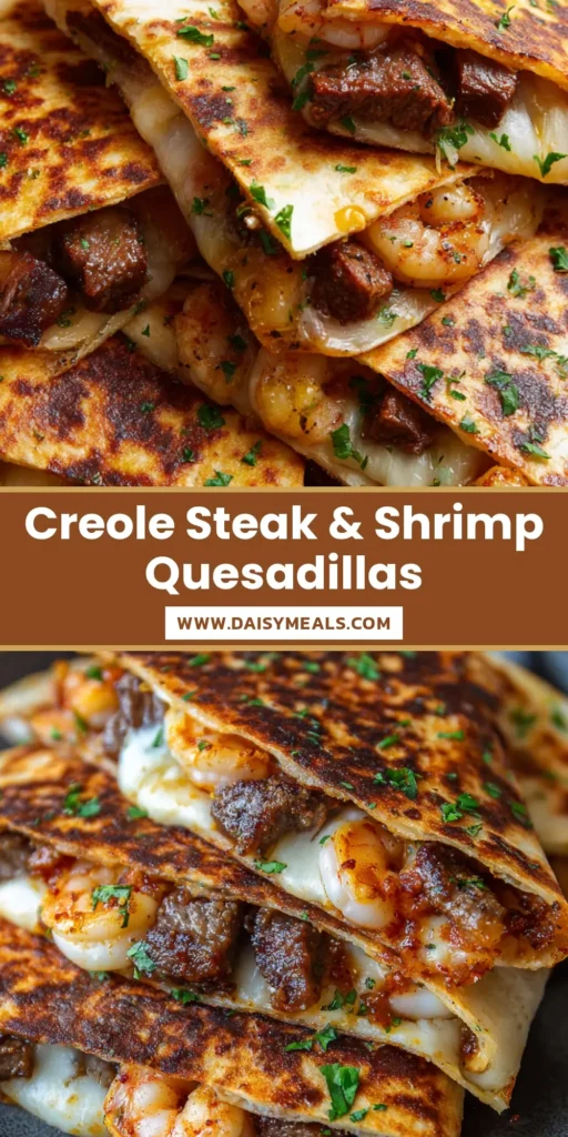 Steak and Shrimp Quesadillas: The Ultimate Surf and Turf Comfort Food 4 A stack of sliced Steak and Shrimp Quesadillas with melted white and yellow cheese, seared steak cubes, and Creole shrimp visible.