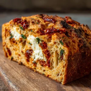 Close-up of Savory Tomato Basil Bread slice with visible air pockets, sun-dried tomato chunks, and melted cheese.