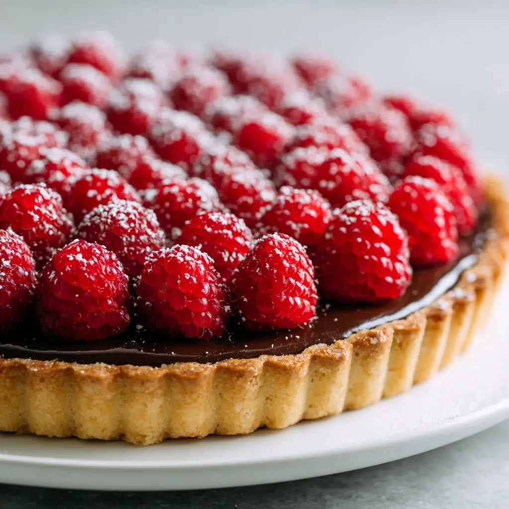 Macro view of a Chocolate Raspberry Tart showing the golden-brown fluted pastry shell and the sparse dusting of white powdered sugar on bright red berries.