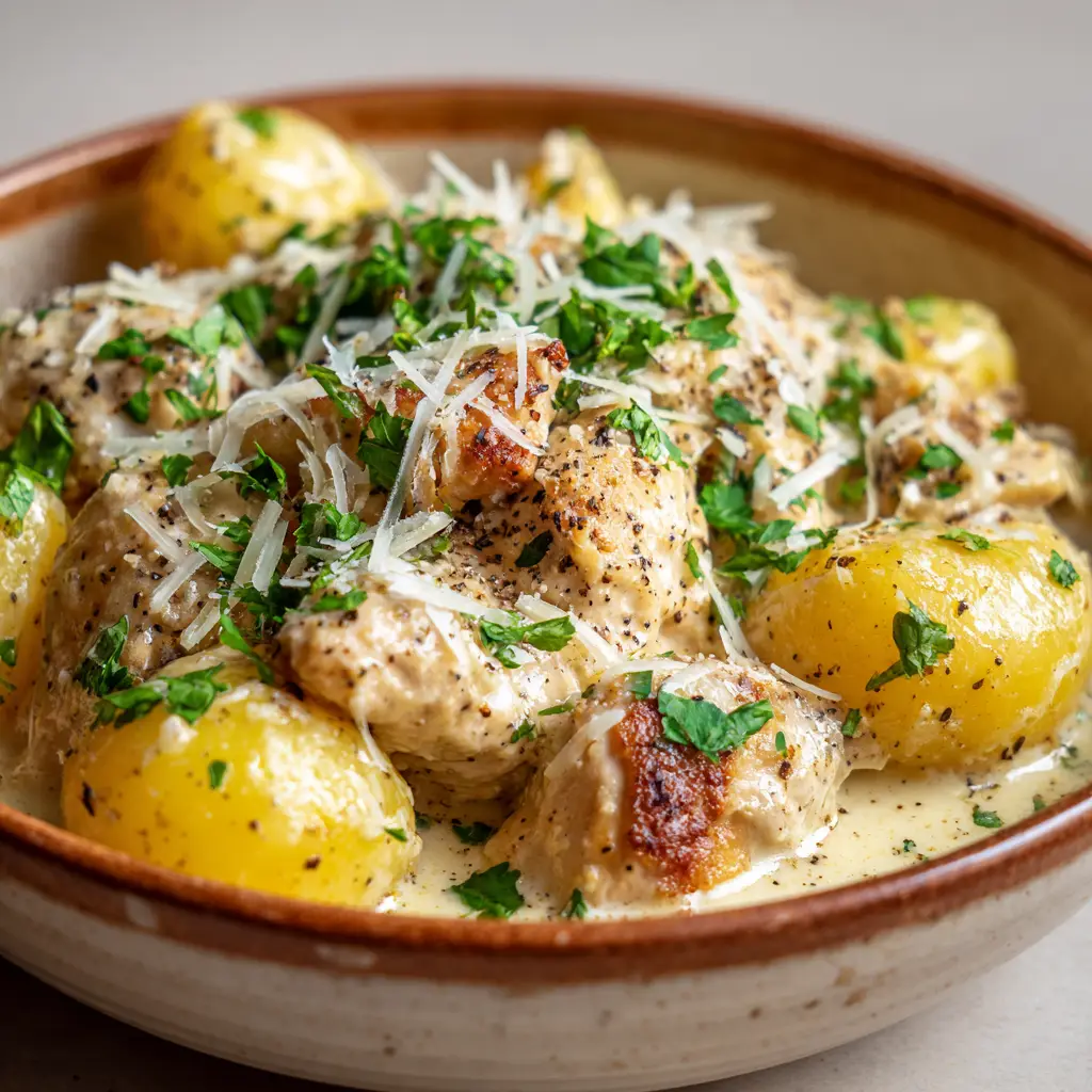 Close up of juicy chicken chunks and baby potatoes in a glossy garlic parmesan sauce. (Crockpot Garlic Parmesan Chicken)
