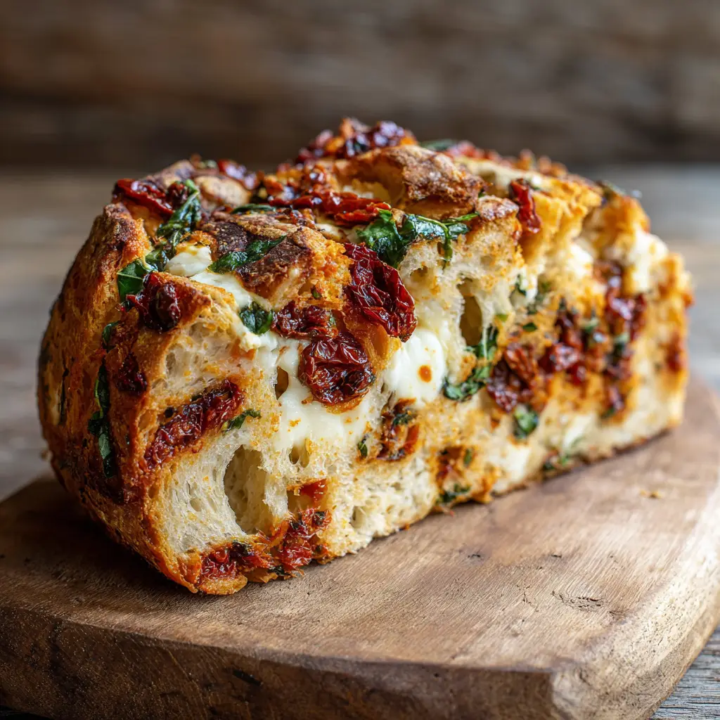 A rustic loaf of Savory Tomato Basil Bread resting on a wooden board under natural light.