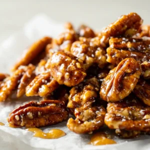 Detailed view of toasted pecan halves heavily coated in a thick butter toffee glaze. (Pecan Praline Crunch)