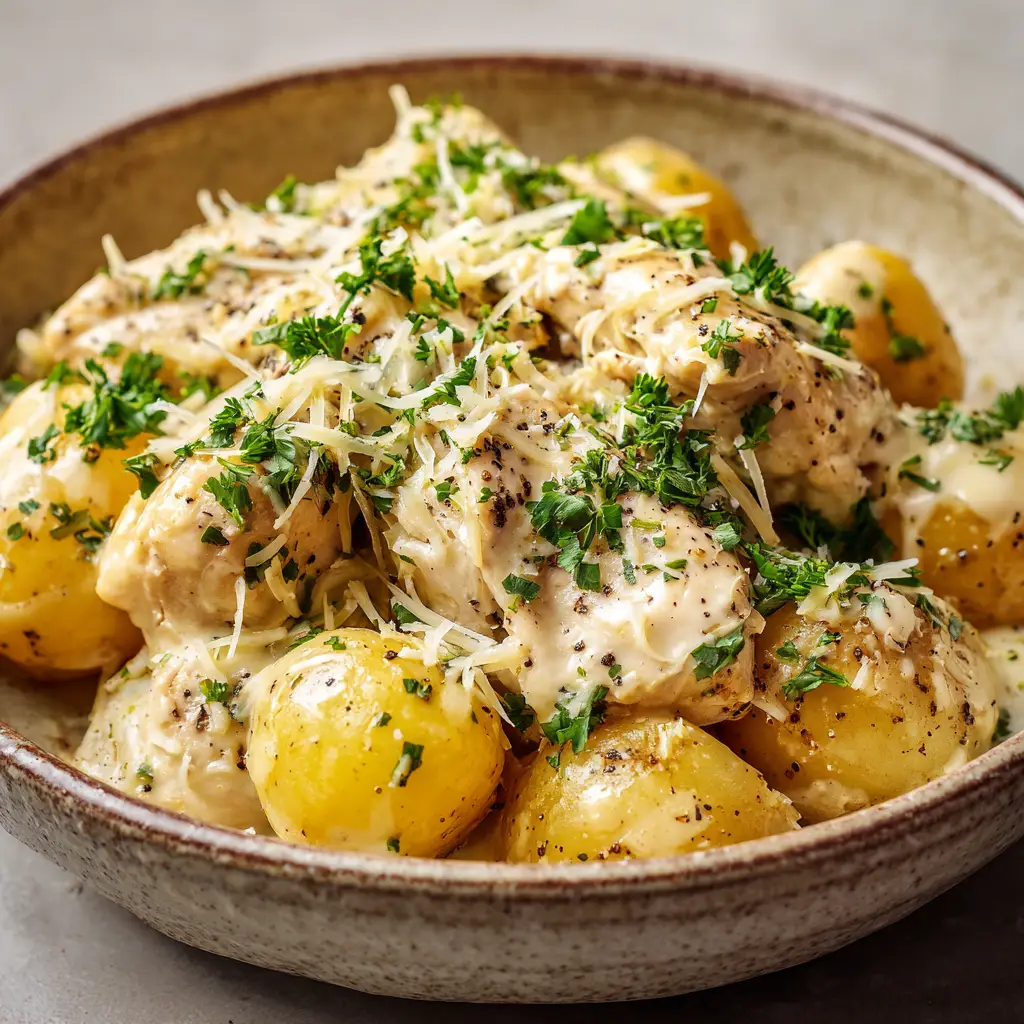 Garnished Crockpot Garlic Parmesan Chicken with strands of cheese and fresh parsley flakes.