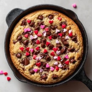 Close up of a freshly baked Valentine's Day skillet cookie showing puffed dough and caramelized edges.