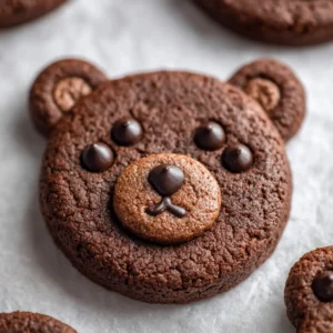 Overhead view of several Chocolate Chip Bear Cookies showing the thick dark brown dough and slightly cracked edges. (Chocolate Chip Bear Cookies)