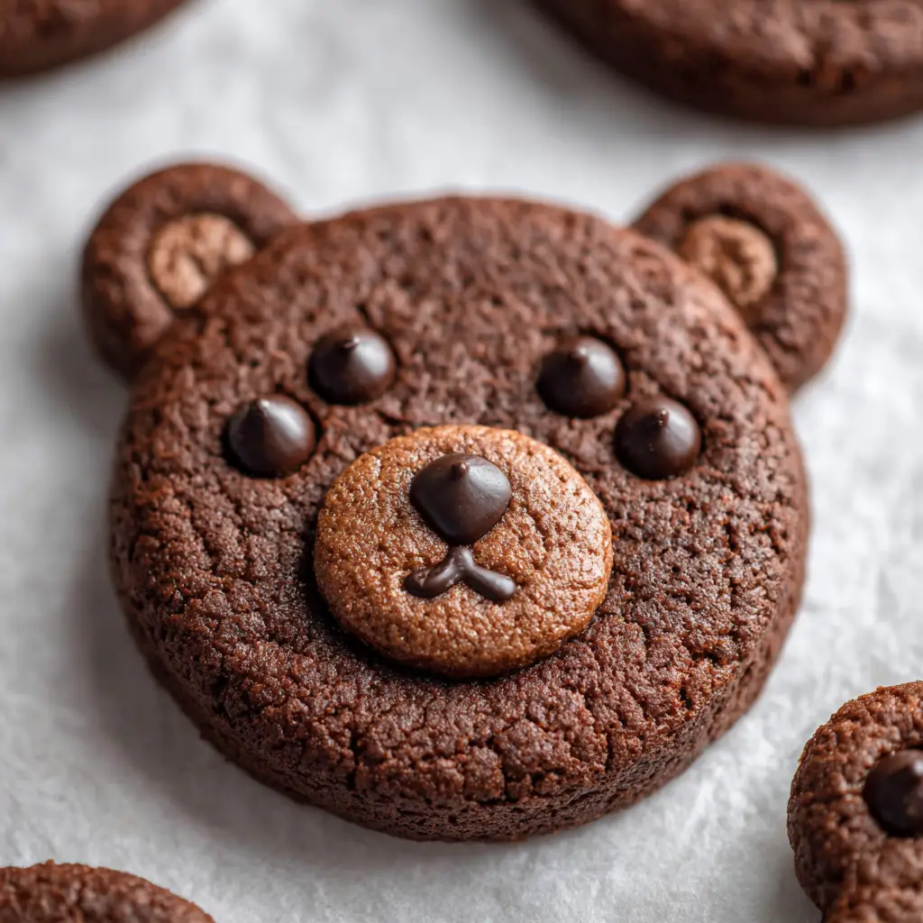 Overhead view of several Chocolate Chip Bear Cookies showing the thick dark brown dough and slightly cracked edges. (Chocolate Chip Bear Cookies)