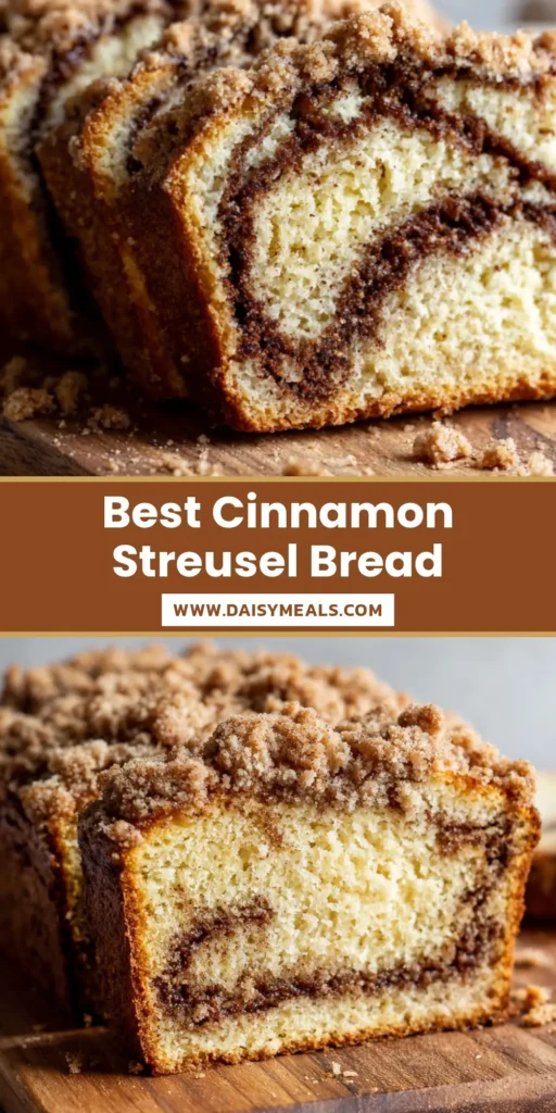 A tall slice of Cinnamon Streusel Bread showing a prominent dark cinnamon swirl and thick, chunky golden-brown streusel topping.