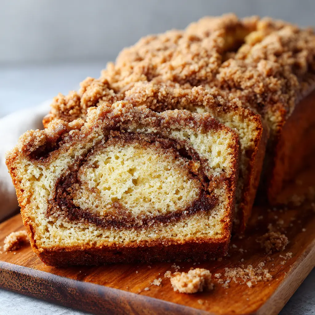 A close up shot of freshly baked Cinnamon Streusel Bread sliced on a wooden board showing the dark cinnamon swirl.