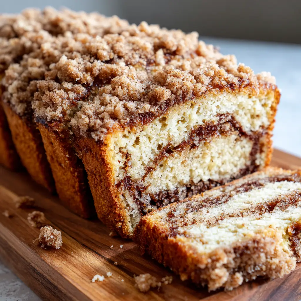 The thick, chunky butter and sugar streusel topping on top of a golden brown cinnamon bread loaf.