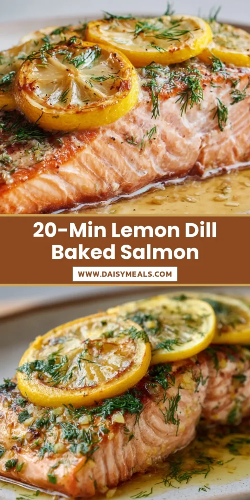 Lemon Dill Baked Salmon with Caramelized Citrus and Fresh Herbs 3 A thick, flaky Lemon Dill Baked Salmon fillet on a white plate with caramelized lemon slices and fresh dill garnish.