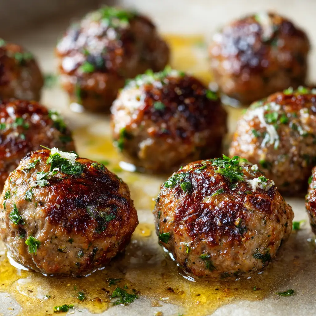 Oven Baked Meatballs with a Deeply Caramelized Beef Crust 1 Overhead view of several Oven Baked Meatballs with glistening fat and fresh green parsley garnish.