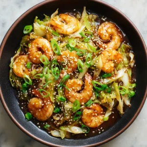 Overhead shot of seared pink shrimp and shredded light green cabbage in a glossy brown sauce. (Asian Shrimp and Cabbage Stir Fry)