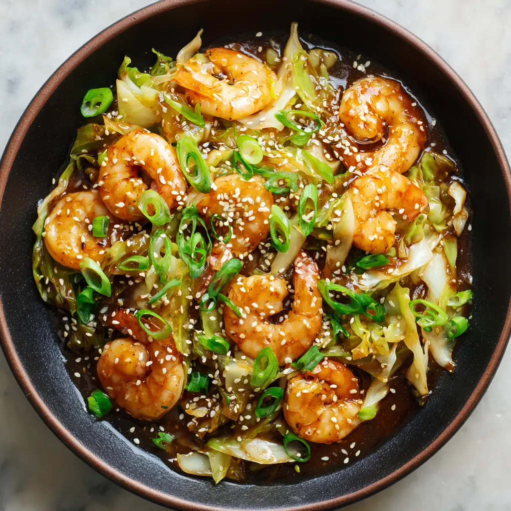 Overhead shot of seared pink shrimp and shredded light green cabbage in a glossy brown sauce. (Asian Shrimp and Cabbage Stir Fry)