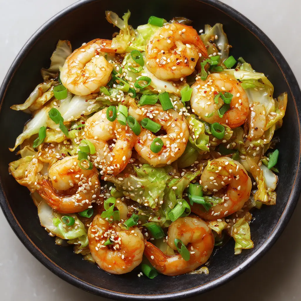 A handheld smartphone photo of Asian Shrimp and Cabbage Stir Fry garnished with scallions and sesame seeds.