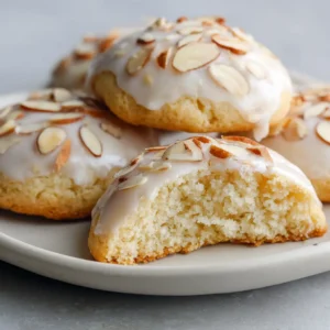 Top-down view of Almond Ricotta Cookies resting on a white ceramic plate showing thick glossy icing and almond garnish.