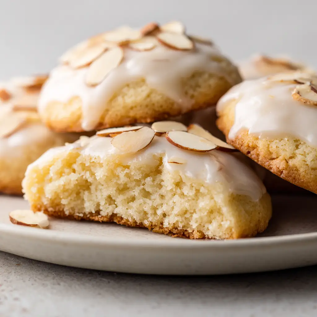 A halved Almond Ricotta Cookie showcasing the soft, cake-like inner crumb and golden-brown bottom edge.