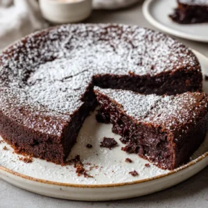 Close up of a Flourless Chocolate Torte on a white plate showing a slice removed to reveal a gooey dark interior.