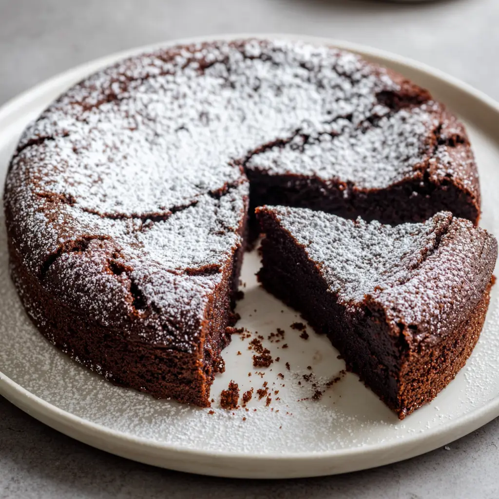 Flourless Chocolate Torte: The Ultimate Decadent Dark Chocolate Dessert 1 Handheld photo of a flourless chocolate cake with cracked edges and powdered sugar on a rustic ceramic plate.