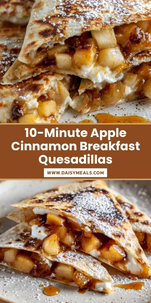 A close up of Apple Cinnamon Breakfast Quesadillas cut into triangles on a speckled plate with powdered sugar and maple syrup.