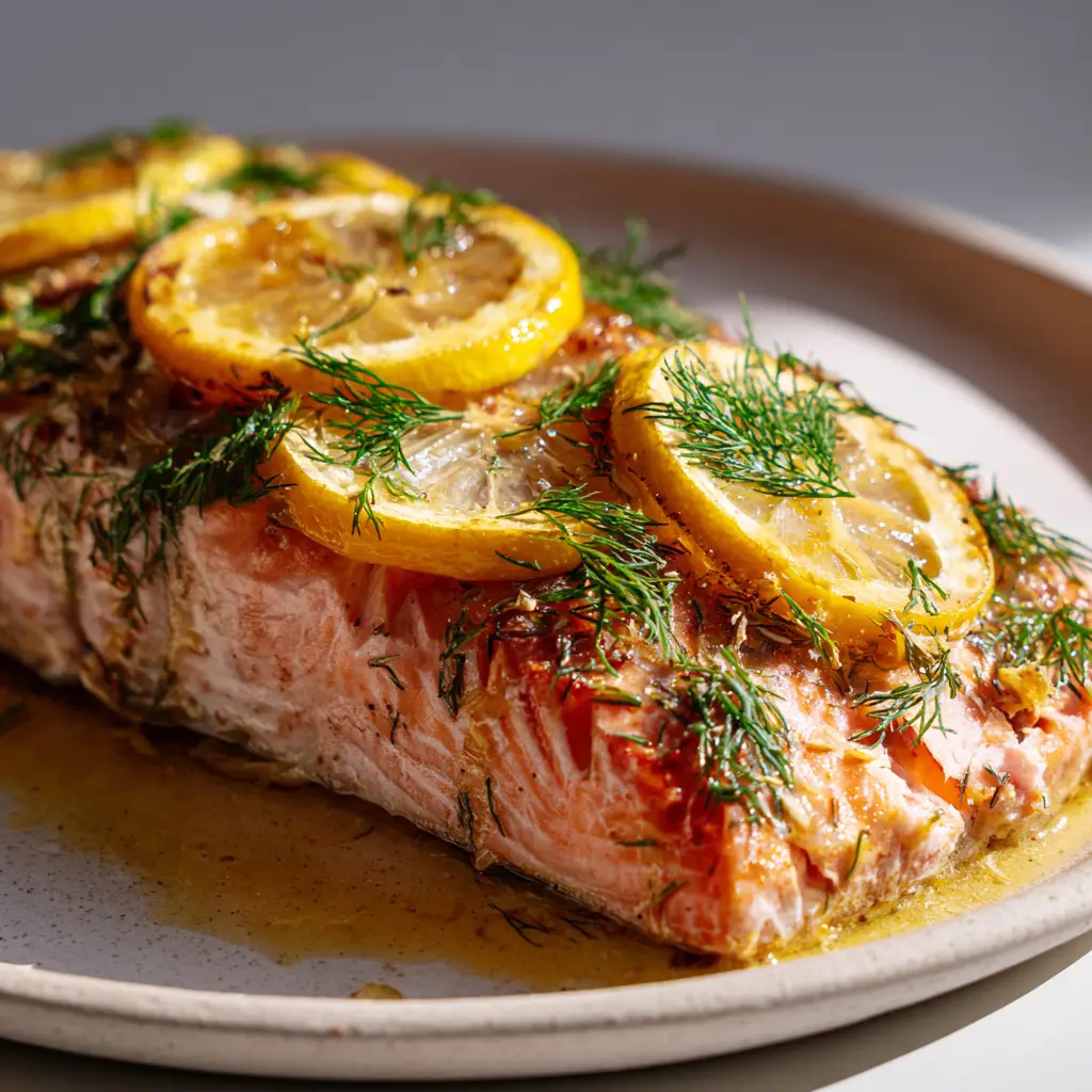 Lemon Dill Baked Salmon with Caramelized Citrus and Fresh Herbs 1 Baked salmon topped with caramelized lemon slices and fresh dill on a rustic white plate with cooking juices.