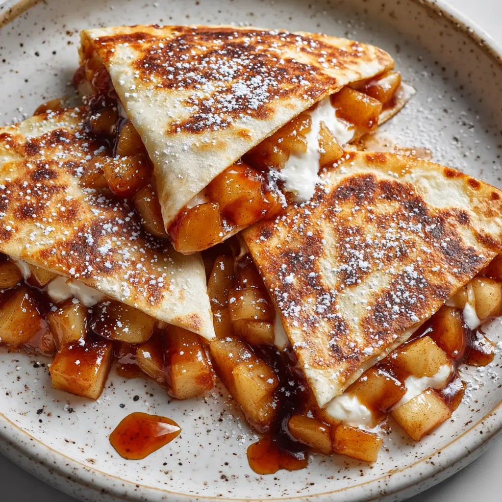 Top view of toasted Apple Cinnamon Breakfast Quesadillas with crispy char marks and a dusting of powdered sugar.