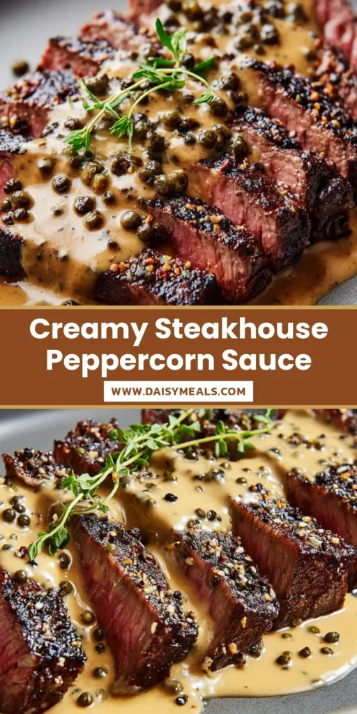 Peppercorn Sauce Recipe: The Secret to Professional Steakhouse Results 4 A professional Pinterest pin for a Peppercorn Sauce Recipe showing thick tan sauce over sliced medium-rare steak with green and black peppercorns.