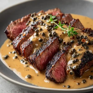 Close-up of sliced medium-rare steak on a grey plate with creamy tan peppercorn sauce and fresh thyme. (Peppercorn Sauce Recipe)