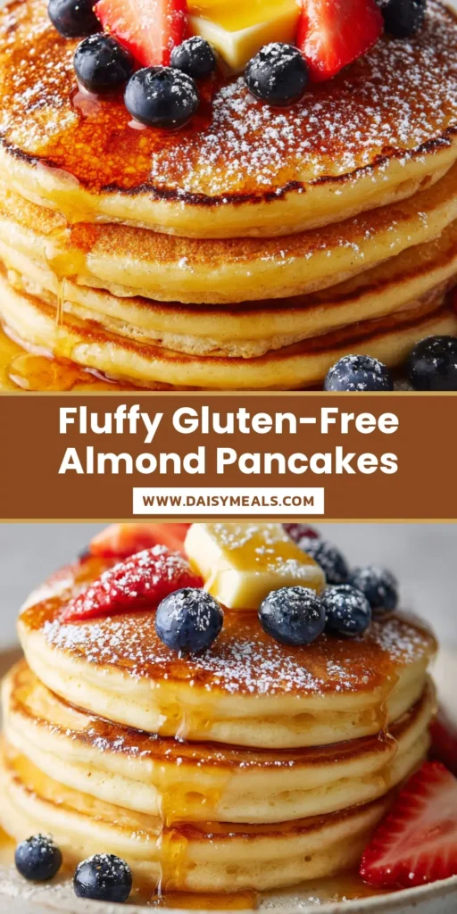 A stack of four thick golden-brown Gluten-Free Almond Flour Pancakes topped with melting butter, strawberries, and blueberries. (Gluten-Free Almond Flour Pancakes)