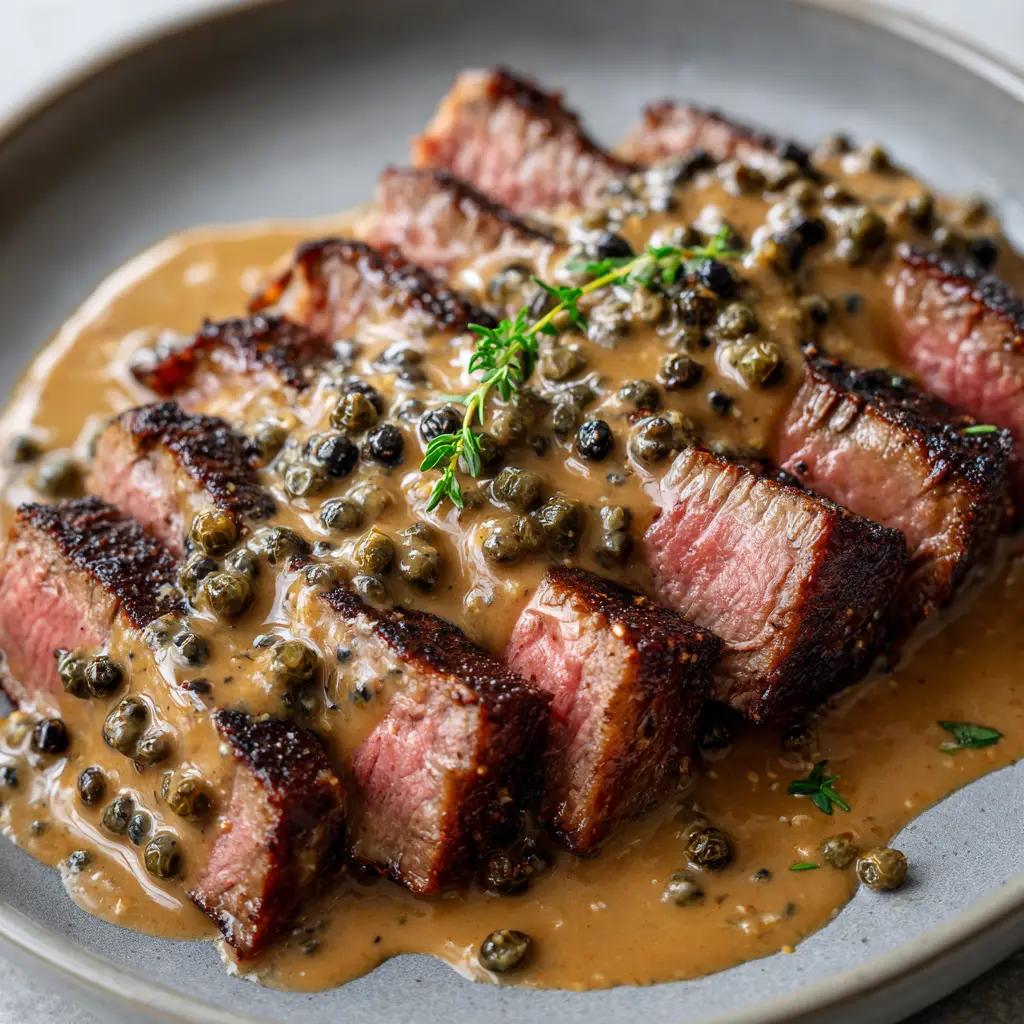 Peppercorn Sauce Recipe: The Secret to Professional Steakhouse Results 1 Detailed shot of whole green and crushed black peppercorns in a tan cream sauce poured over seared meat. (Peppercorn Sauce Recipe)