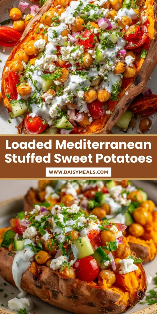 Mediterranean Stuffed Sweet Potatoes with Roasted Golden Chickpeas and Creamy Yogurt Sauce 4 A close-up shot of Mediterranean Stuffed Sweet Potatoes split open and piled high with golden chickpeas, diced cucumbers, tomatoes, and a yogurt drizzle on a rustic plate.