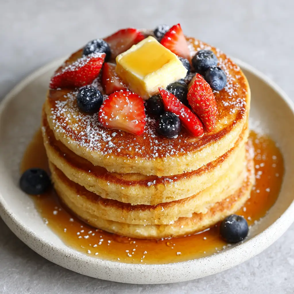 Top view of Gluten-Free Almond Flour Pancakes with glossy maple syrup drizzle and powdered sugar. (Gluten-Free Almond Flour Pancakes)