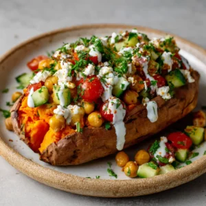 Top view of a perfectly roasted sweet potato acting as a bowl, stuffed with colorful Mediterranean ingredients like red tomatoes and green parsley. (Mediterranean Stuffed Sweet Potatoes)